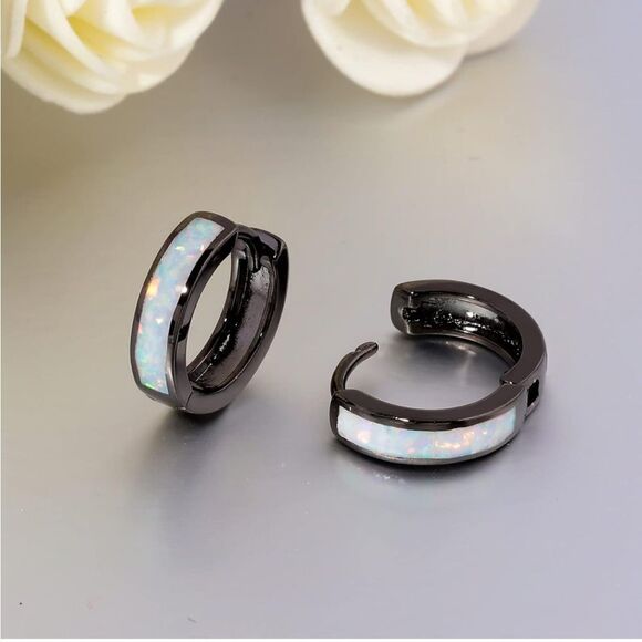 14K Black Gold with Genuine White Fire Opal Huggie Hoop Snap Hinge Earrings - Picture 4 of 5